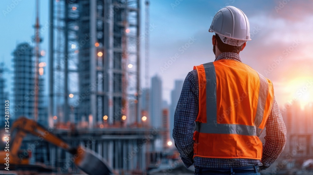 Poster a construction worker in an orange vest stands in front of a large building