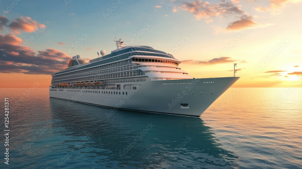 Aufkleber cruise ship sailing on calm waters at sunset with colorful sky reflected in the ocean. generative ai
