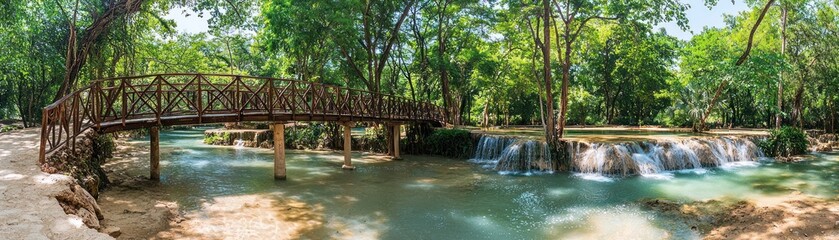 Naklejka premium Lush Waterfall Trail with Wooden Bridge