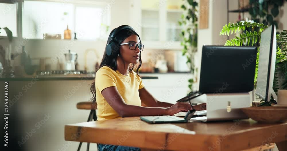 Poster Typing, coder and computer with woman at home for freelance developer, gaming programmer and research. Gameplay database, character design and remote software engineer with person and headphones