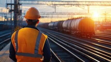 A man in a yellow vest stands on a train track