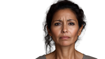 Mature hispanic woman frowning with transparent background