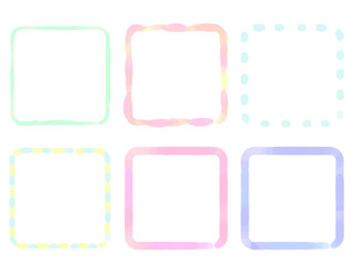 水彩で描いたピンクや黄色や水色のカラフルな正方形のフレームセット　優しく華やかな手描きデザイン
