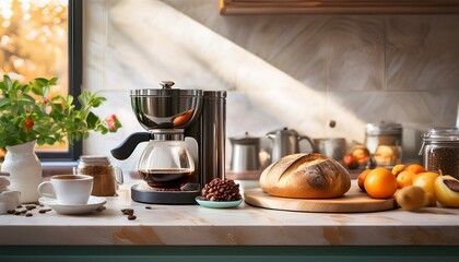 Obraz premium Chic Kitchen Countertop Arrangement with Gourmet Coffee, Fresh Fruits, Artisanal Bread, and Elegant Kitchen Accessories for a Modern Culinary Lifestyle and Healthy Living Aesthetic