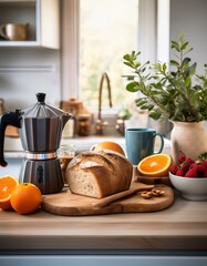 Chic Kitchen Countertop Arrangement with Gourmet Coffee, Fresh Fruits, Artisanal Bread, and Elegant Kitchen Accessories for a Modern Culinary Lifestyle and Healthy Living Aesthetic