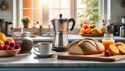 Chic Kitchen Countertop Arrangement with Gourmet Coffee, Fresh Fruits, Artisanal Bread, and Elegant Kitchen Accessories for a Modern Culinary Lifestyle and Healthy Living Aesthetic