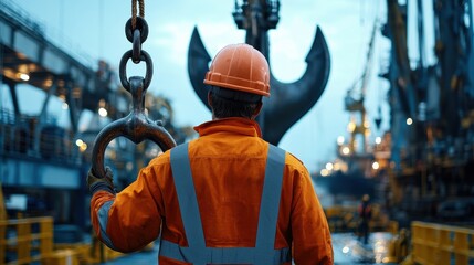A man in an orange safety vest is holding onto a chain
