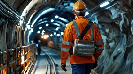 Obraz premium A man in an orange safety vest walks through a tunnel