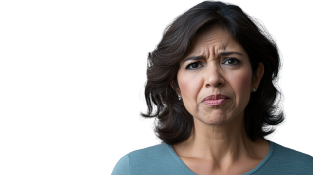 Mature hispanic woman showing disgust and displeasure on transparent background