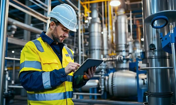 Engineer using tablet, factory inspection, industrial plant, machinery background