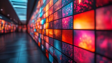 Giant multimedia wall with abstract digital screens, gradient lighting, and futuristic minimalism, symbolizing the fusion of technology and design