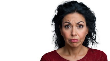Confused businesswoman with dubious expression on transparent background