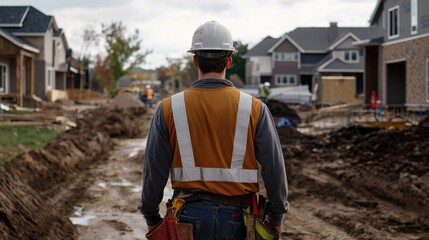 Fototapeta premium A man in a construction vest walks down a muddy road