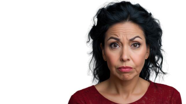 Confused businesswoman with dubious expression on transparent background