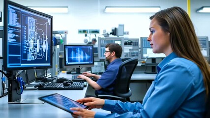 A team collaborates in a cutting-edge research facility, utilizing modern technology.