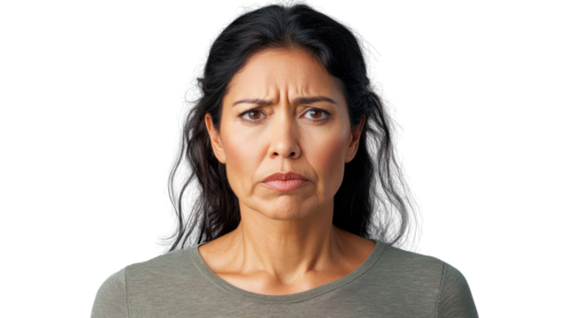 Serious hispanic woman frowning with transparent background