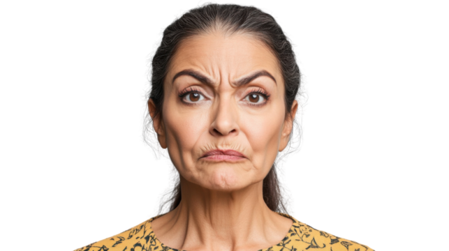 Skeptical mature woman frowning and expressing disbelief on transparent background