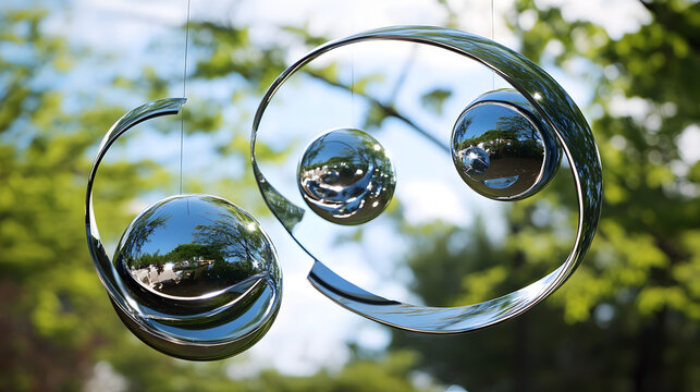 kinetic mobile with reflective glass elements rotating slowly in the wind 