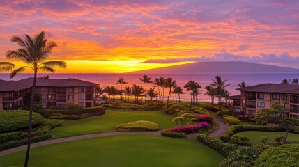 Serene maui landscape sunset over tropical resort in panoramic view