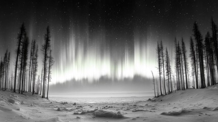 Naklejka premium Majestic Northern Lights Illuminate Winter Landscape with Starry Sky Over Snow-Covered Ground at Night