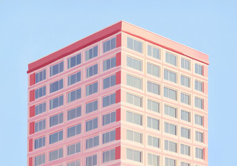 modern high rise building with pink facade stands against clear blue sky, evoking calm emotions with its soft tones and minimalist design