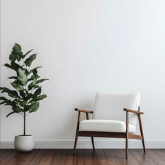 white wall with a white comfy chair with wooden legs and arms infront plant to the left dark wood floor hyper realistic 8k
