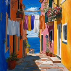 Obraz premium Vibrant narrow street with colorful buildings and laundry overlooking the sea on a sunny day