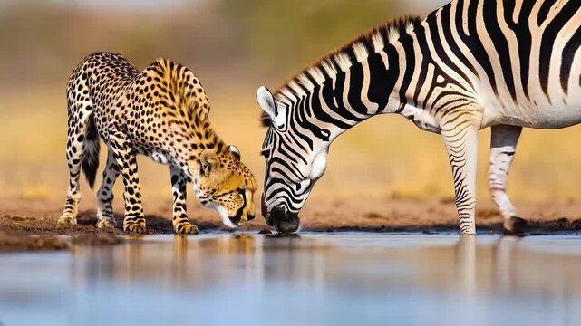 Cheetah and zebra peacefully drinking water in nature, showcasing beauty of wildlife and their harmonious interaction.