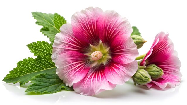 Pink Hollyhock Flowers with Leaves