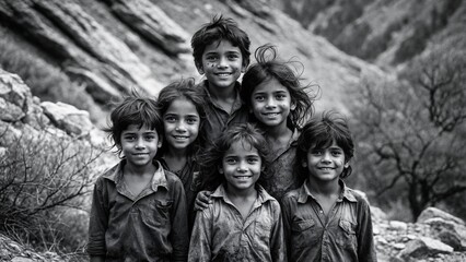 Monochromatic photos featuring three to five children, varying in age from 6 to 12 years old, standing together in rugged mountain terrain, surrounded by rock outcrops, undergrowth and sparse trees.