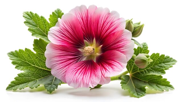 Pink Hollyhock Flower with Leaves