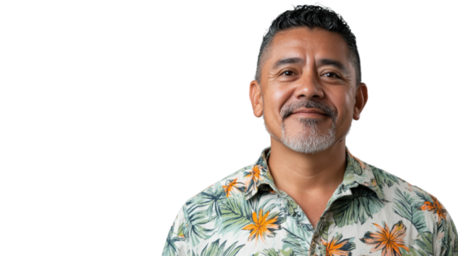 Smiling hispanic man with goatee wearing hawaiian shirt on transparent background