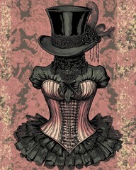 Elegant corset and top hat display with lace and ruffles in a vintage-inspired setting