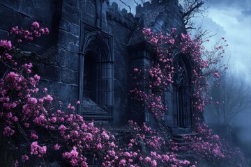 Naklejka premium Mystical ruins overgrown with blooms enchanted forest photography nighttime atmospheric essence