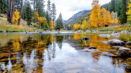 Fototapeta premium Autumn River Reflection, Mountain Valley, Calm Waters, Fall Colors, Nature Scenery