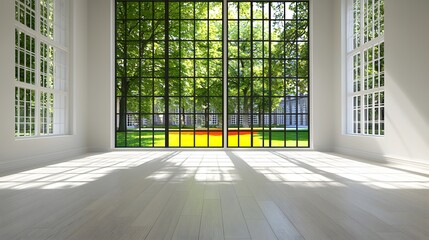 Fototapeta premium Spacious Modern Room with Large Windows and Green Tree View