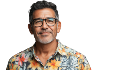 Confident mature man smiling wearing glasses and hawaiian shirt on transparent background