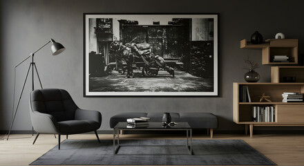 Modern Living Room Interior with Black and White Historical Art Print