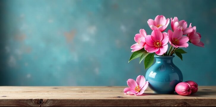 Tavola di legno con un vaso blu, un ramo di tulipani rosa e foglie, tavola, blu