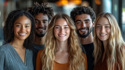 Multiracial individuals smiling warmly, radiating joy and connection in a vibrant, clean composition