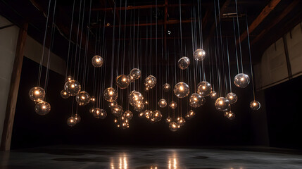 kinetic installation featuring suspended orbs moving in a programmed sequence 