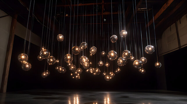 kinetic installation featuring suspended orbs moving in a programmed sequence 