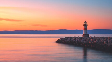 Serene Sunset Lighthouse Seascape: A Breathtaking Coastal Panorama
