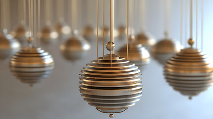 of kinetic pendulums swinging in harmony, forming intricate motion patterns 