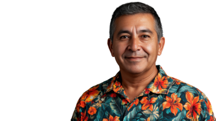 Portrait of smiling hispanic man wearing hawaiian shirt on transparent background
