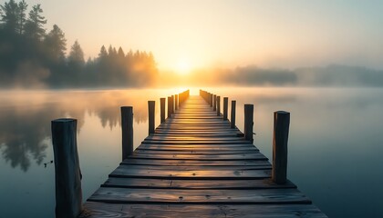 Wooden Pier Leading to Lake Sunrise with Misty Morning Atmosphere