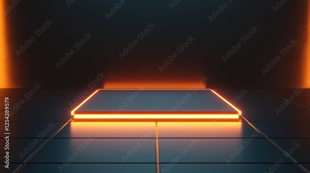 Fototapete microchip surrounded by glowing orange light on a sleek tiled surface in a darkened environment with