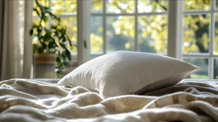 A serene scene of a pillow resting on a blanket in a modern bright bedroom The pillow is soft and plush covered in a clean elegant pillowcase that complements