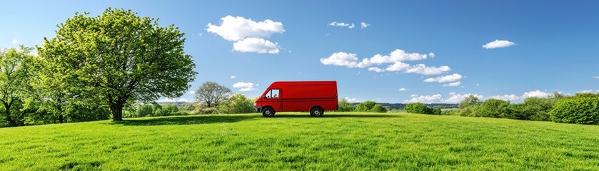 Obraz premium Red van in green meadow, sunny day, transport, countryside