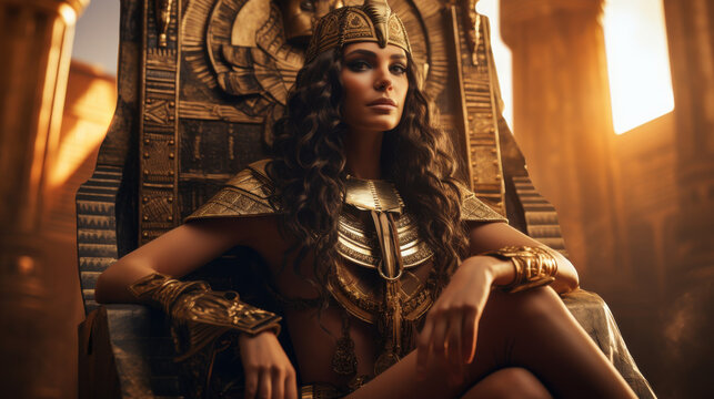 Ancient Egyptian queen sitting on a golden throne adorned with intricate jewelry and royal attire illuminated by warm golden light in a cinematic and majestic setting  
